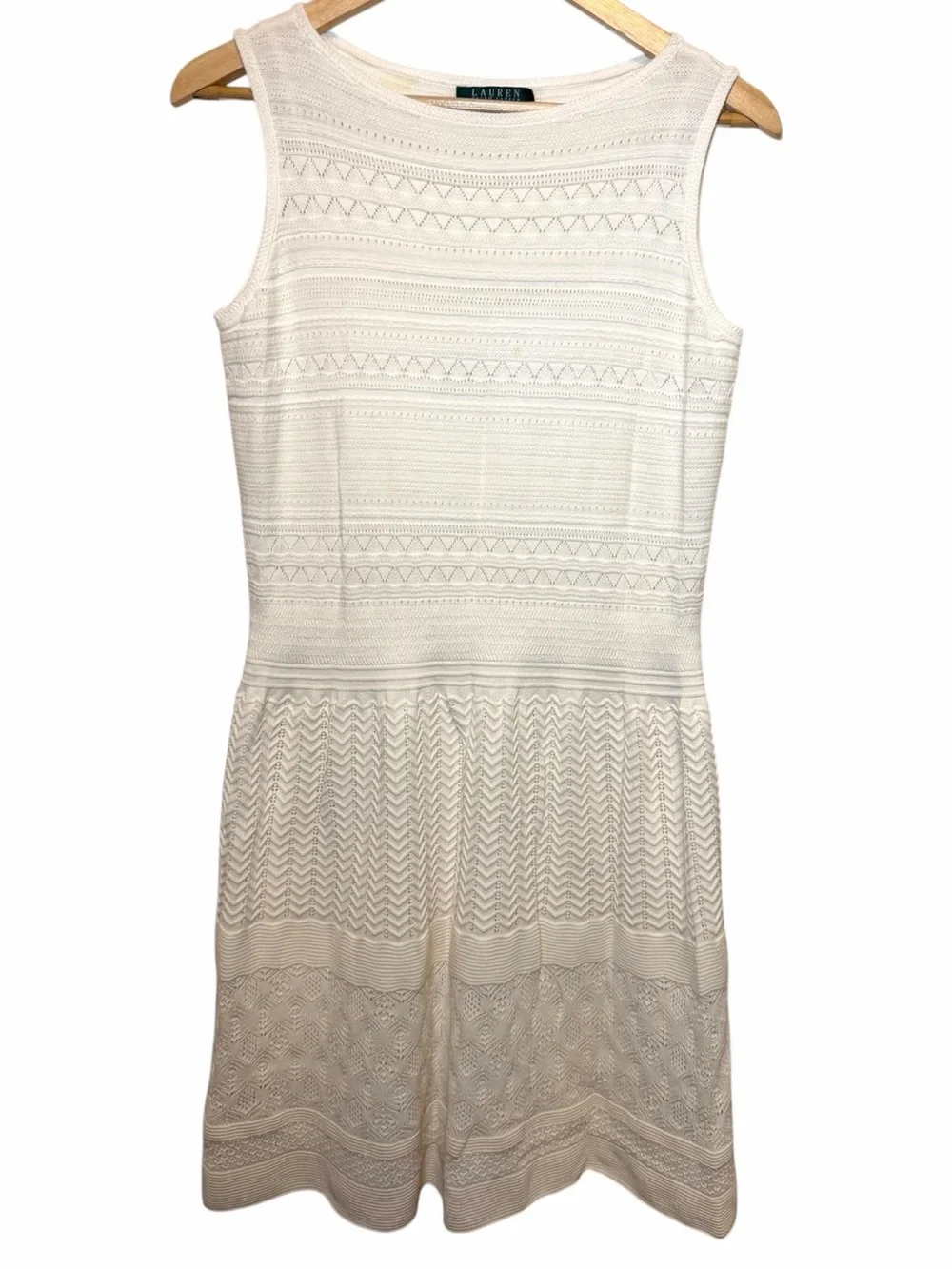 Lauren Ralph Lauren Cream Sleeveless Knit A-Line Pointelle Dress Size L
